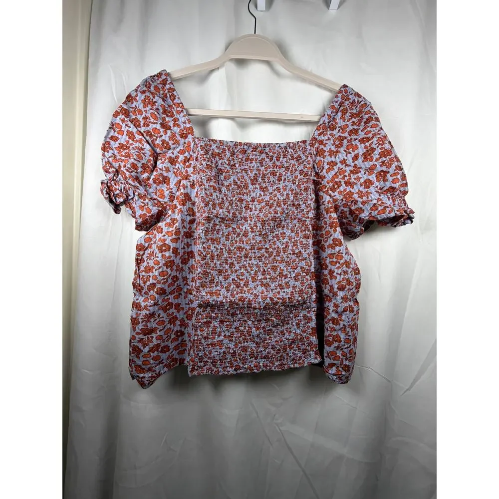 Madewell Floral Smocked Puff Sleeve Top‎ Blue Red Cotton Size 8 Boho